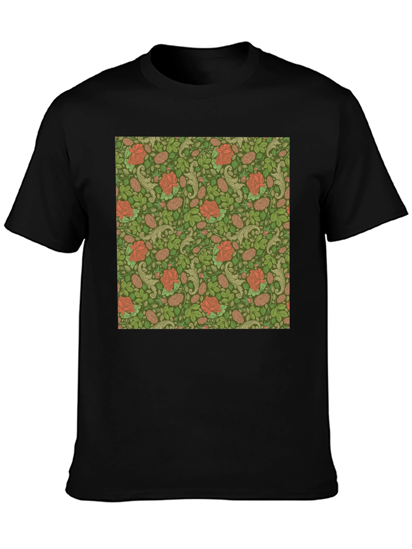 Floral Rose Print Mens Black T-Shirt