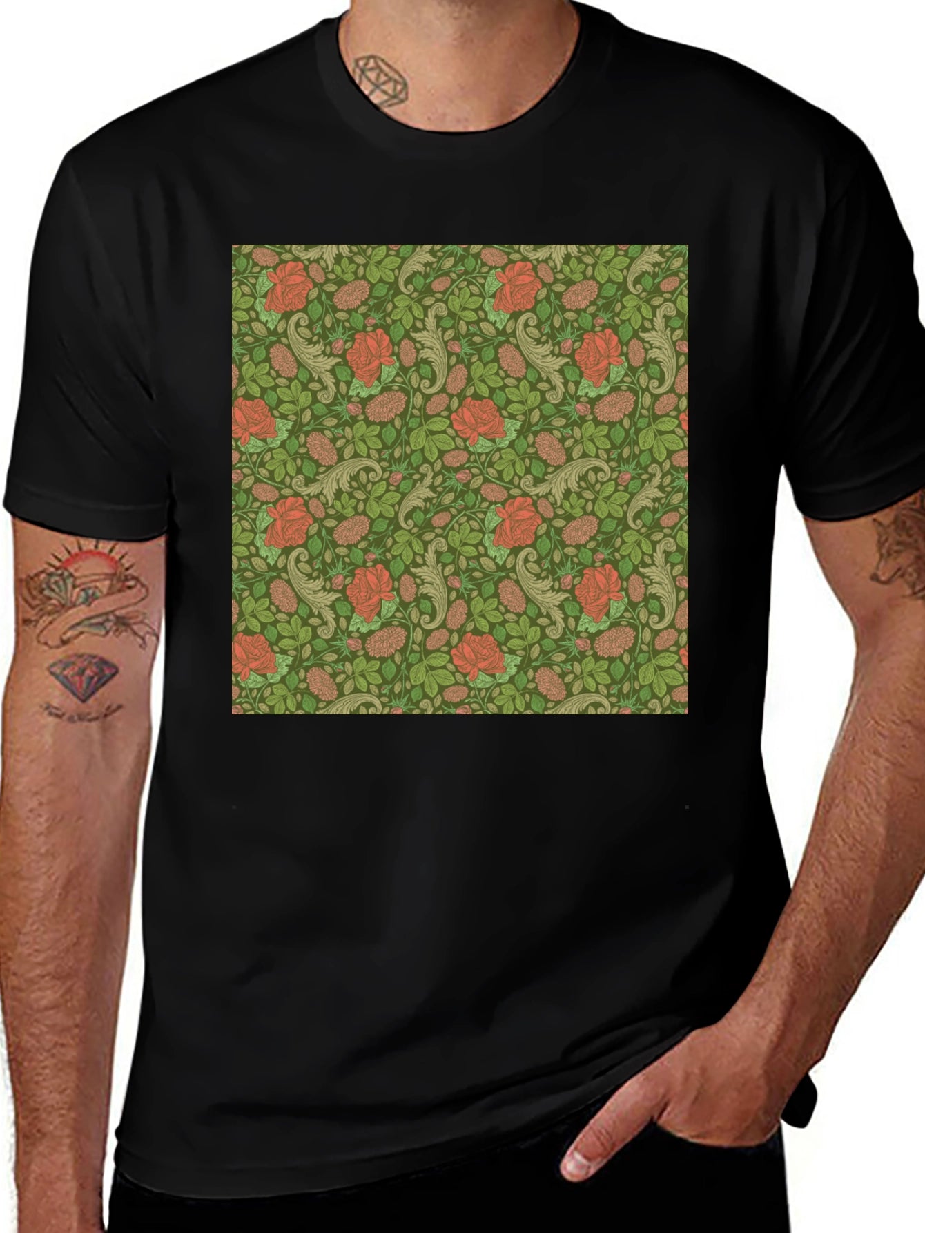 Floral Rose Print Mens Black T-Shirt
