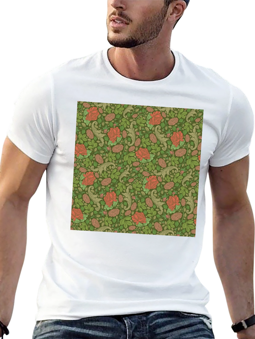 Floral Rose Print Mens Black T-Shirt