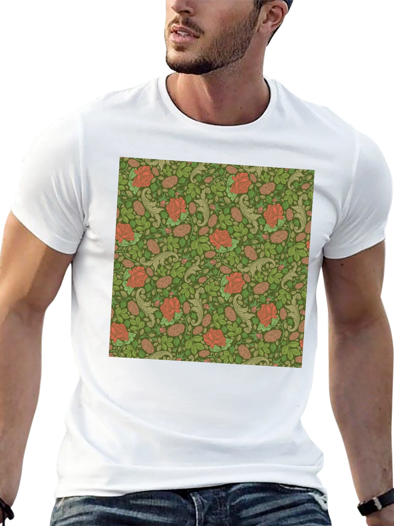 Floral Rose Print Mens Black T-Shirt
