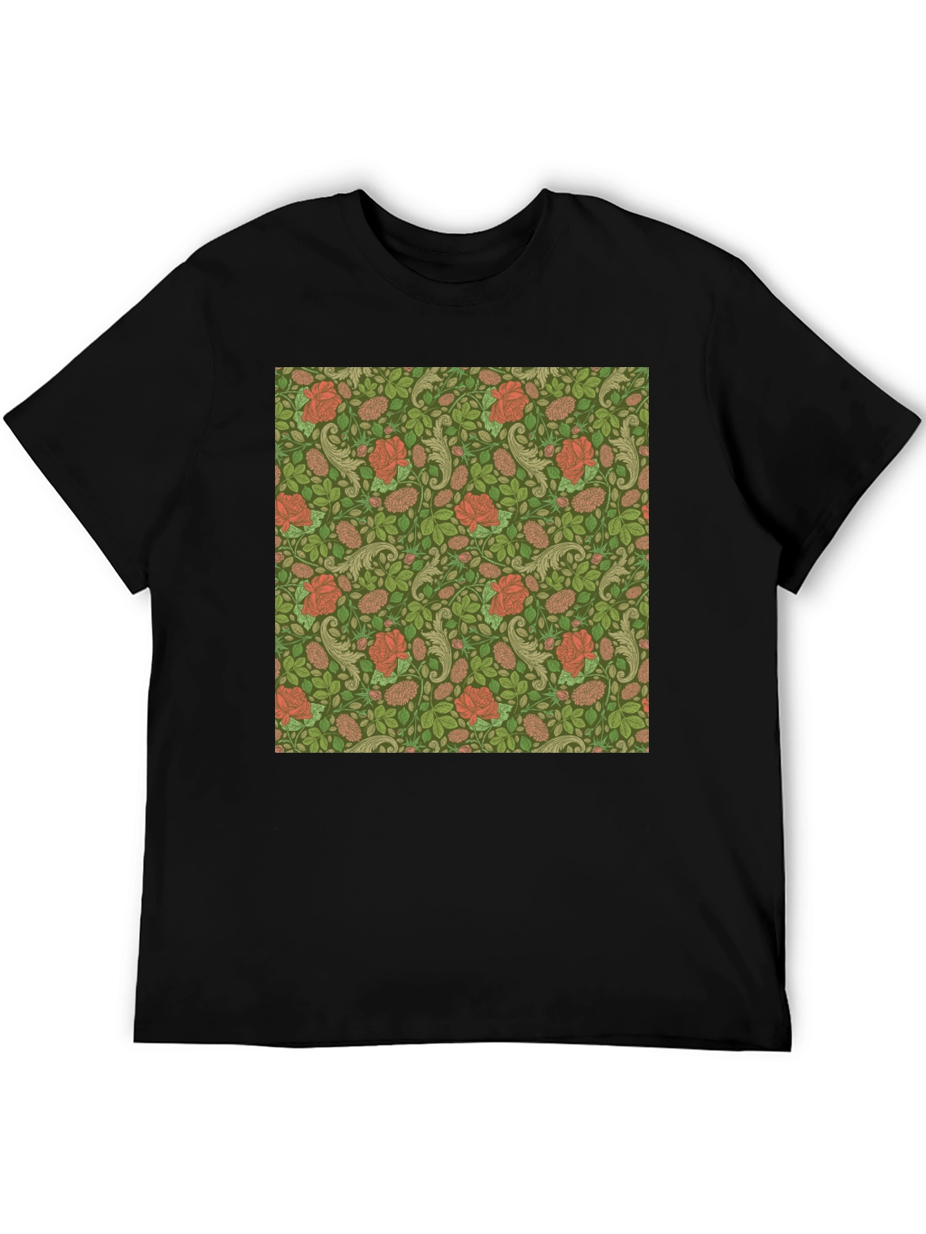 Floral Rose Print Mens Black T-Shirt