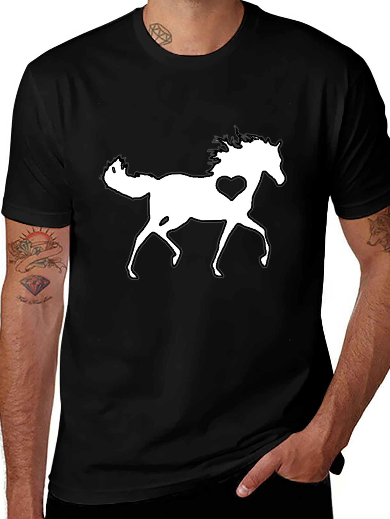 Horse Lover Tee: Black T-Shirt with Heart Horse Graphic