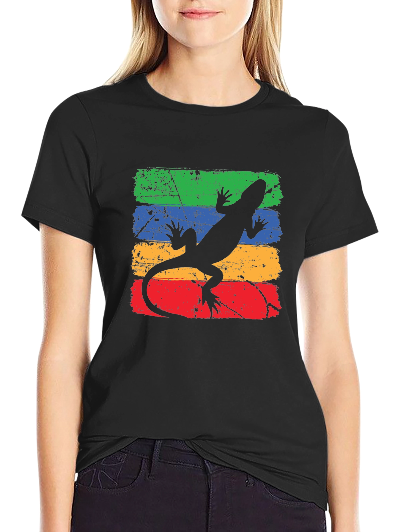 Retro Lizard Tee - Distressed Stripe Graphic