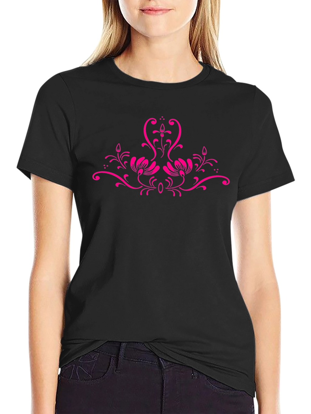 Black Tee with Floral Pink Design