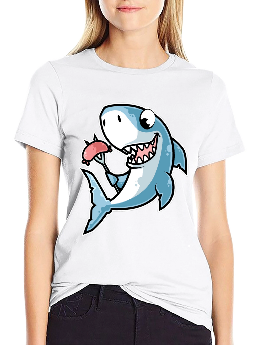 Shark Loves Sausage T-Shirt - Novelty Graphic Tee