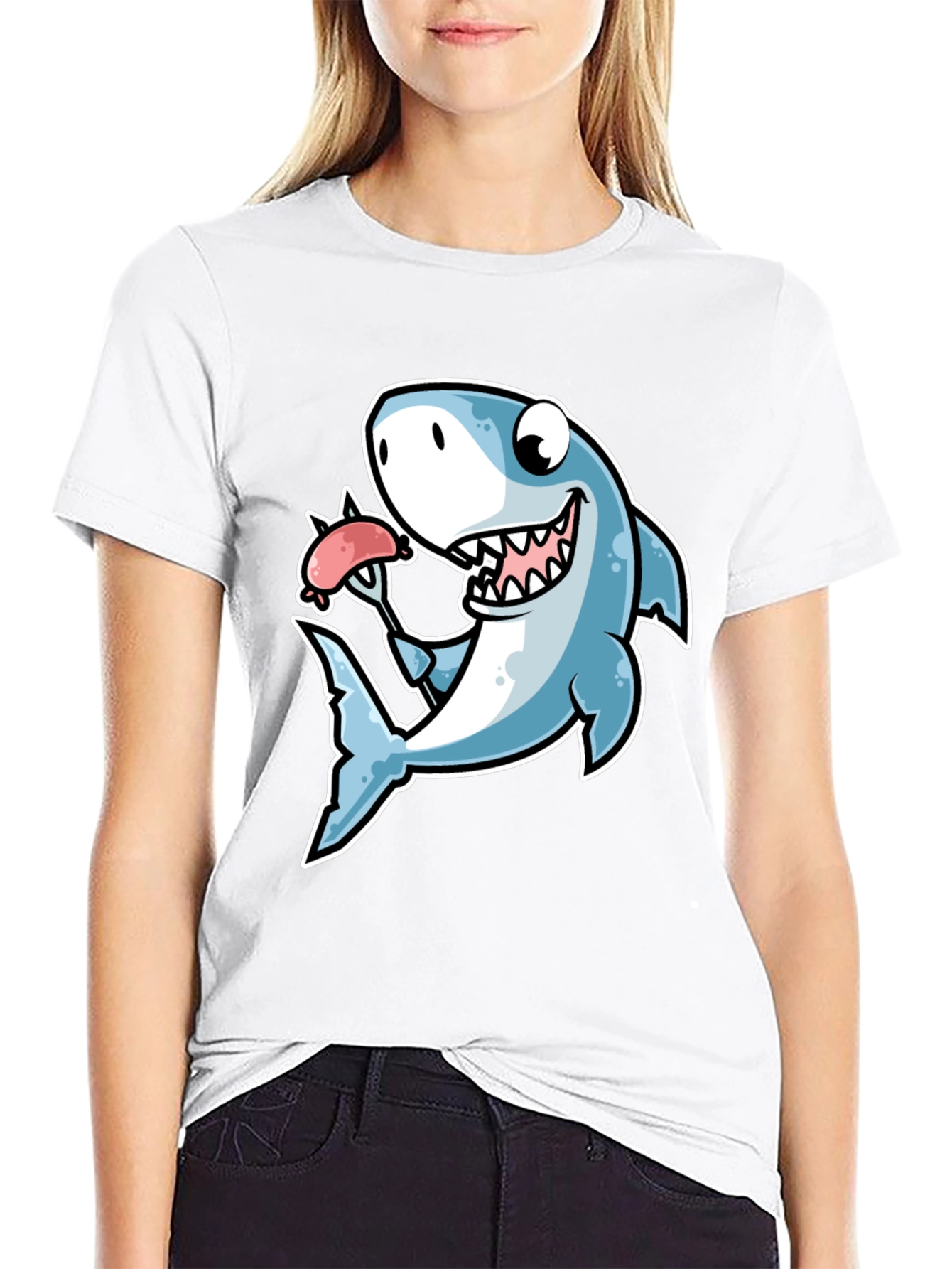 Shark Loves Sausage T-Shirt - Novelty Graphic Tee