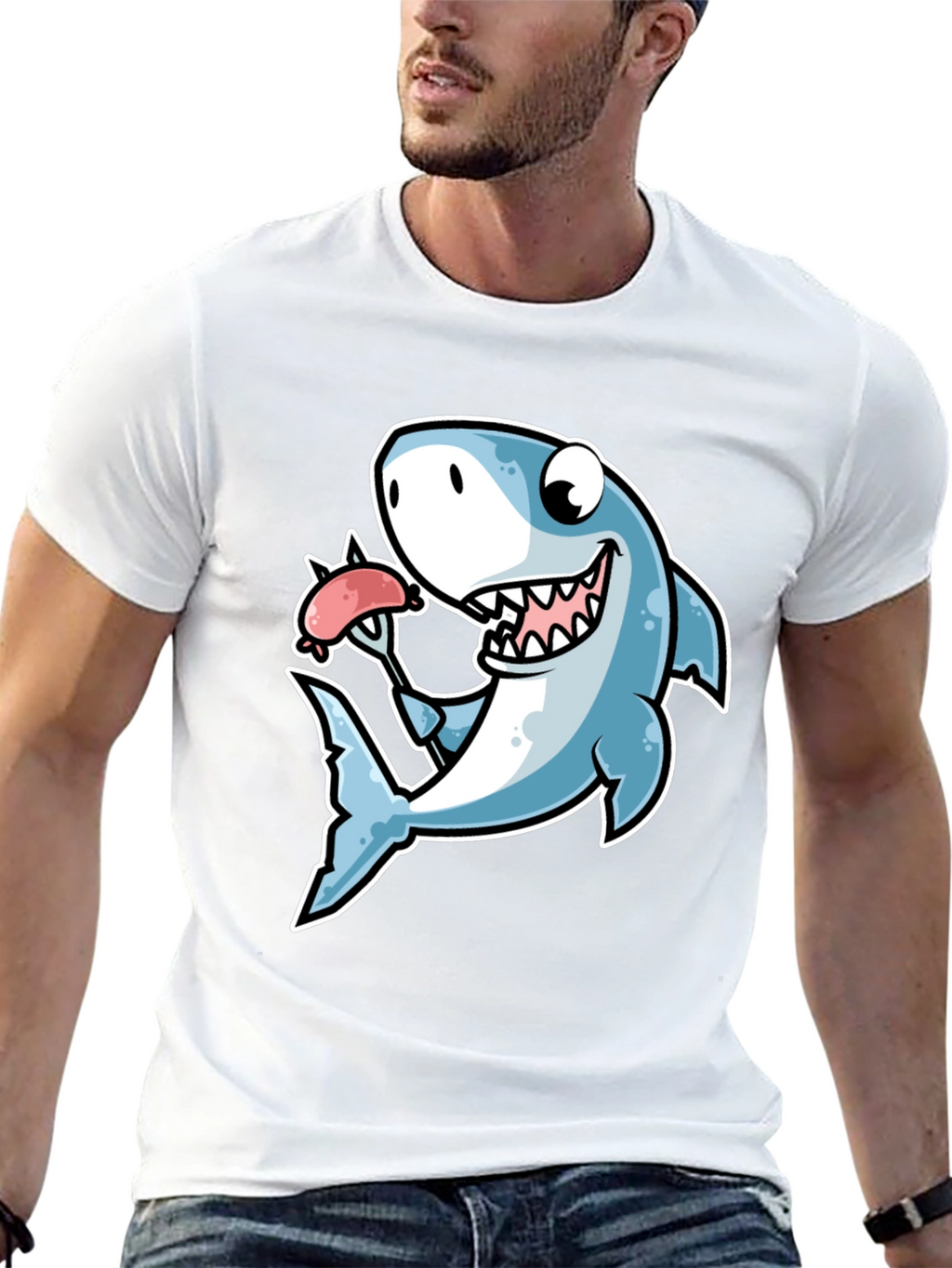 Shark Loves Sausage T-Shirt - Novelty Graphic Tee