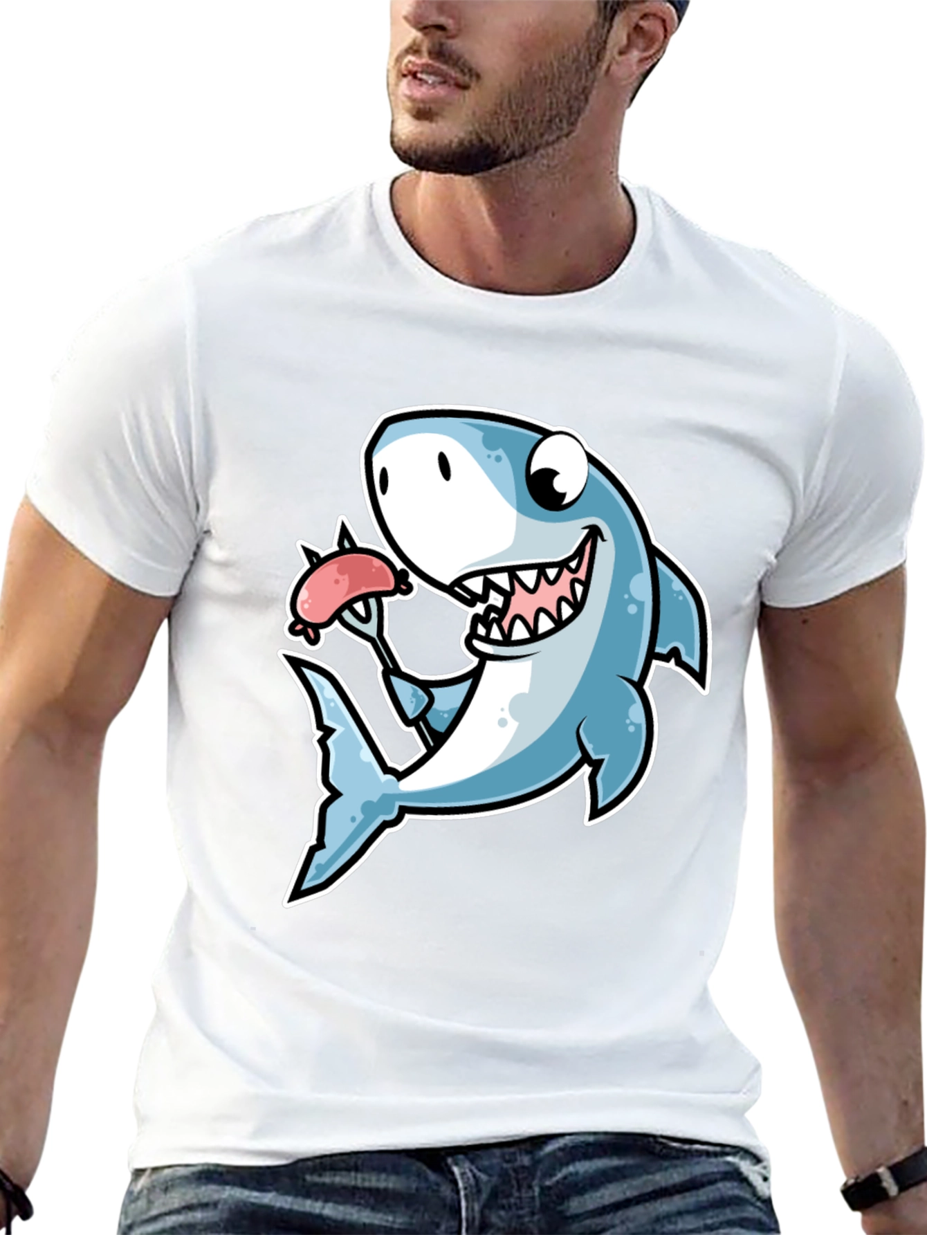 Shark Loves Sausage T-Shirt - Novelty Graphic Tee