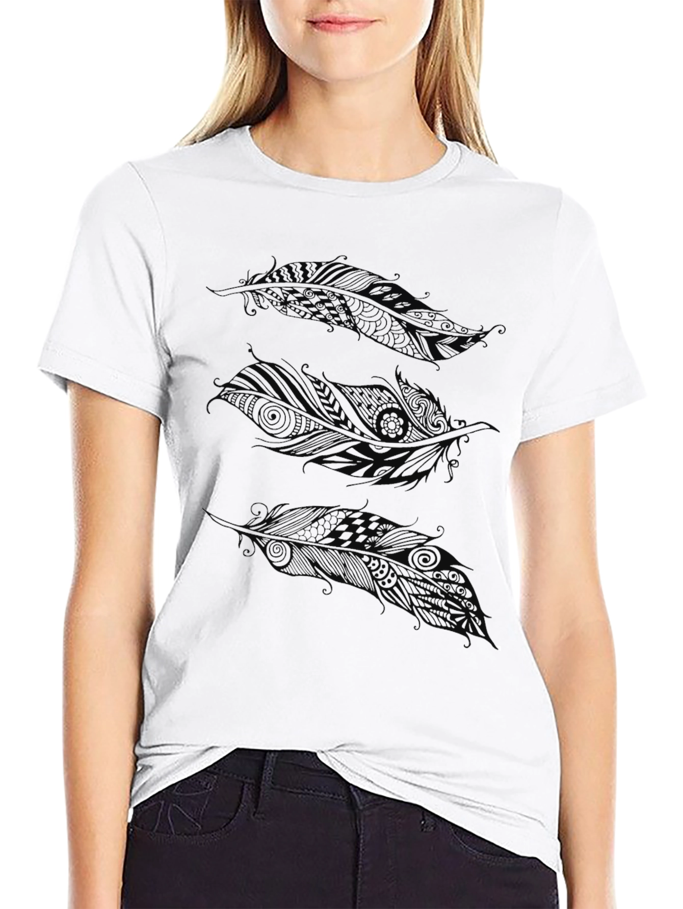 Feather Print Black T-Shirt