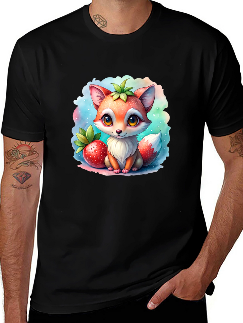 Cute Cartoon Fox & Strawberry Black T-Shirt