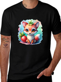 Cute Cartoon Fox & Strawberry Black T-Shirt