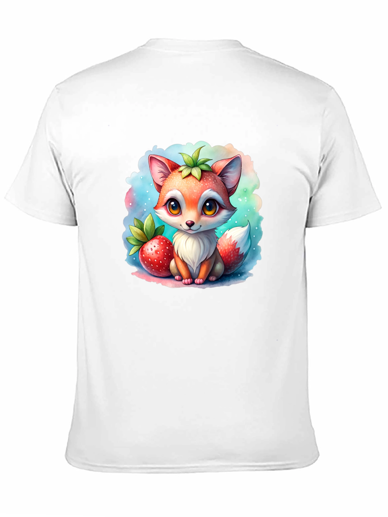 Cute Cartoon Fox & Strawberry Black T-Shirt