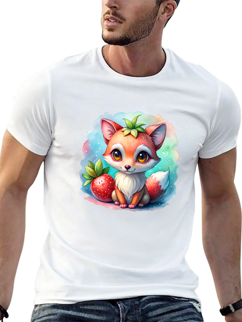 Cute Cartoon Fox & Strawberry Black T-Shirt