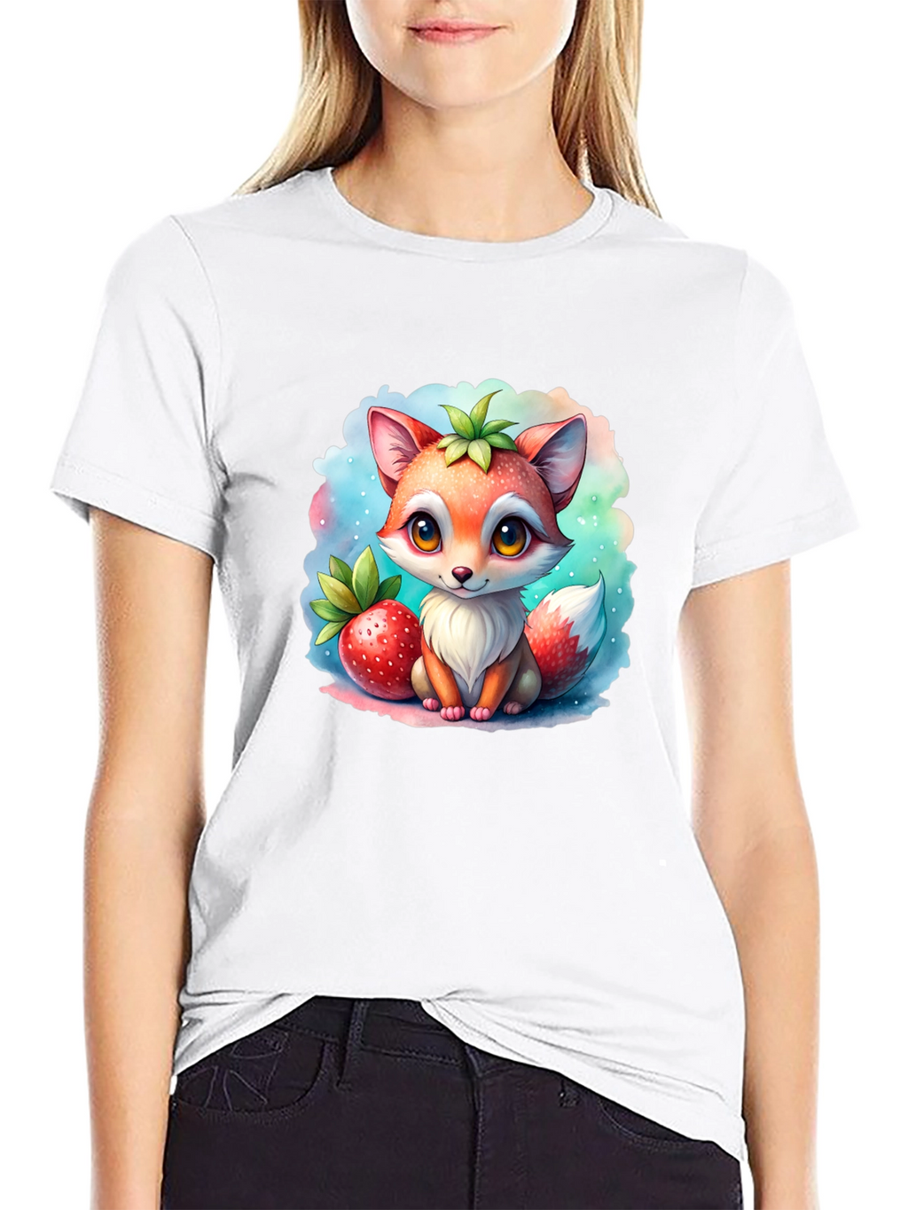 Cute Cartoon Fox & Strawberry Black T-Shirt