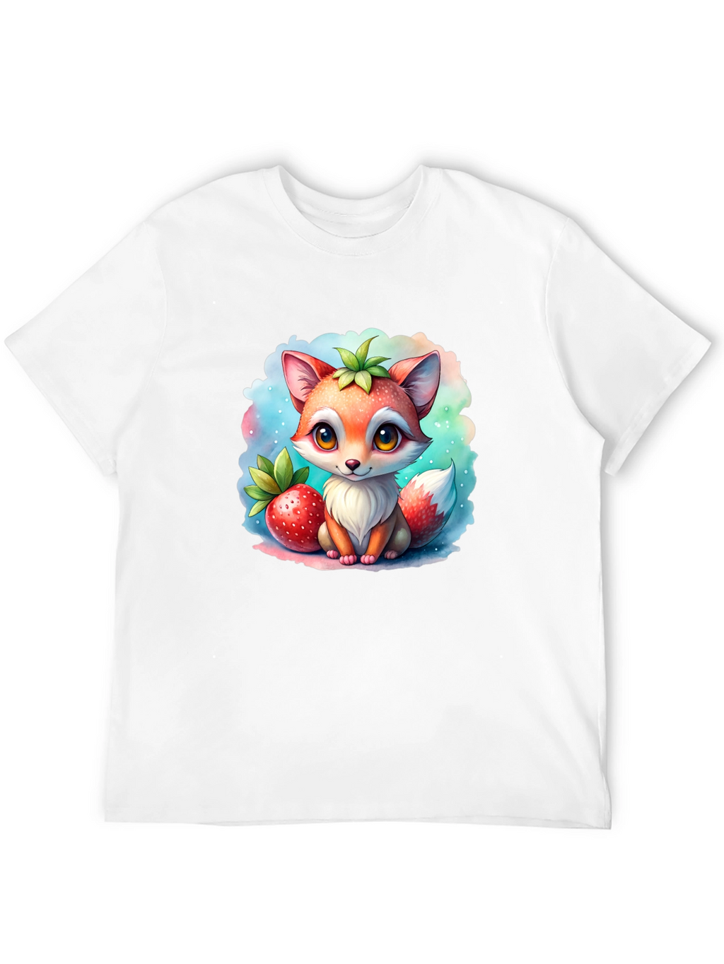 Cute Cartoon Fox & Strawberry Black T-Shirt