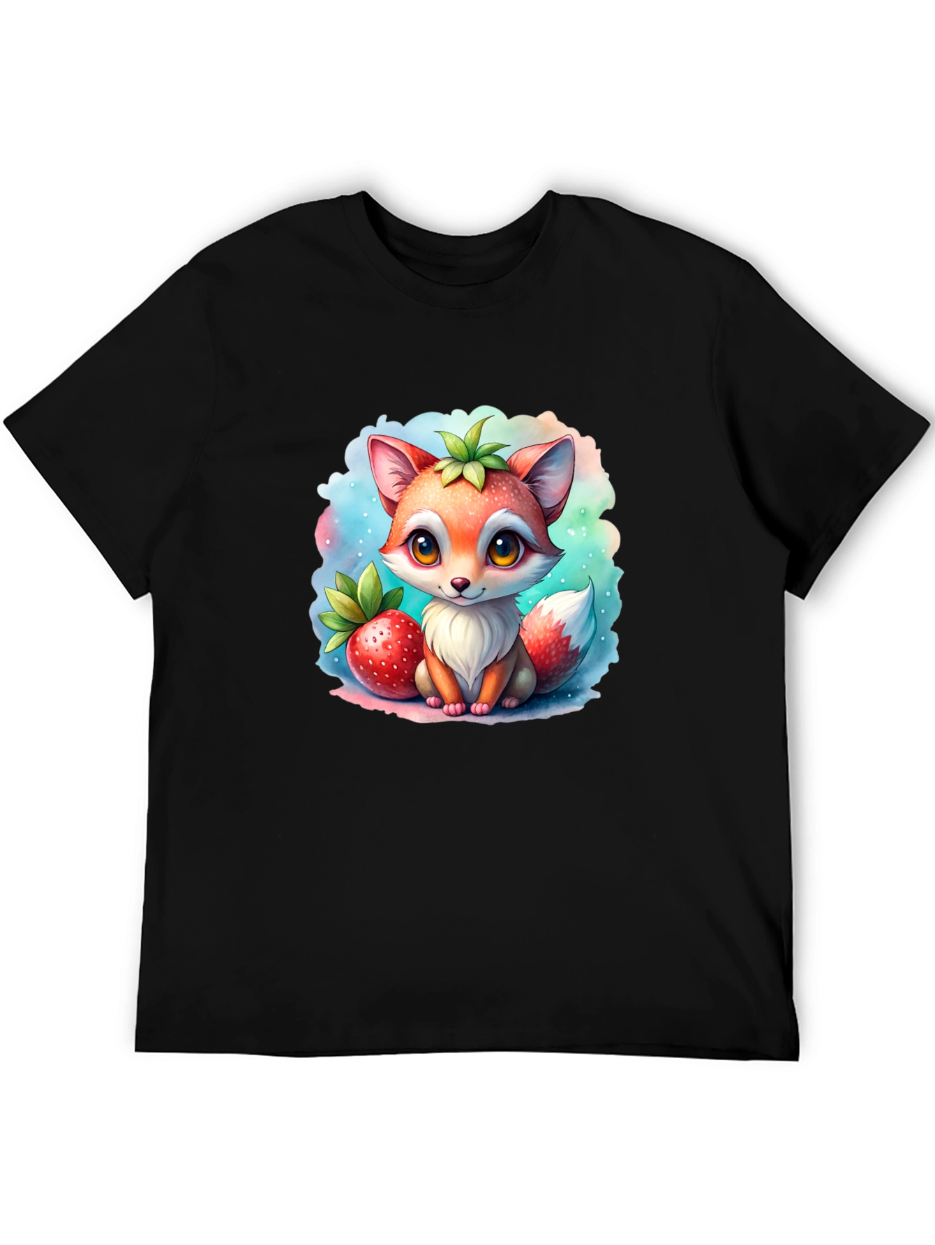Cute Cartoon Fox & Strawberry Black T-Shirt