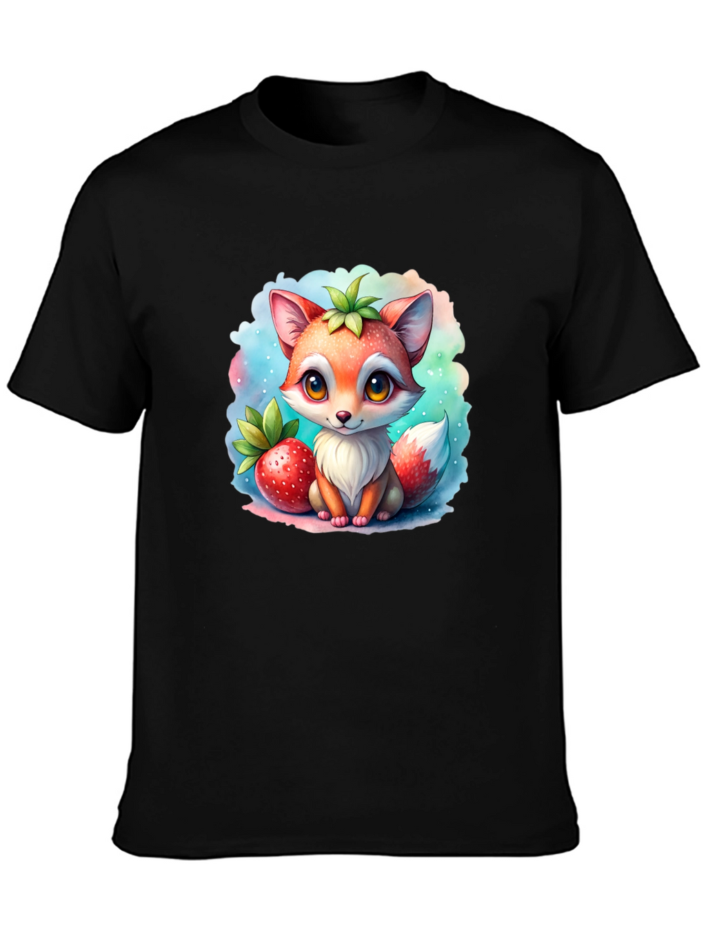 Cute Cartoon Fox & Strawberry Black T-Shirt