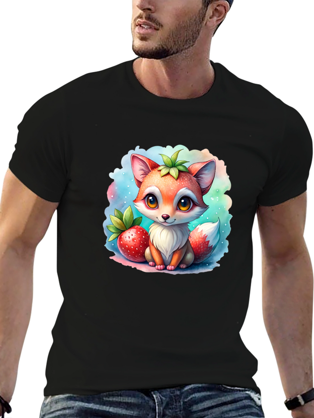 Cute Cartoon Fox & Strawberry Black T-Shirt