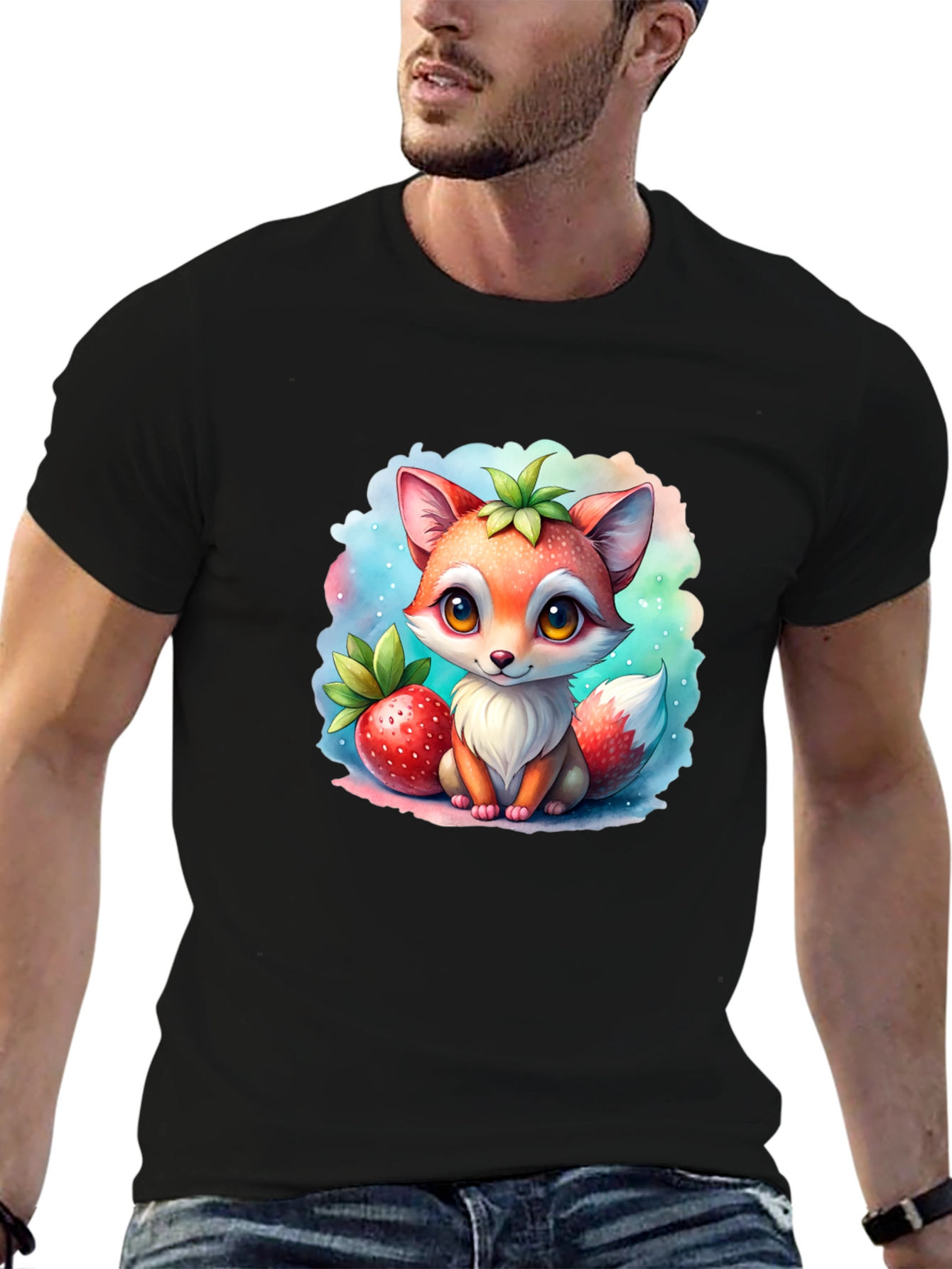 Cute Cartoon Fox & Strawberry Black T-Shirt