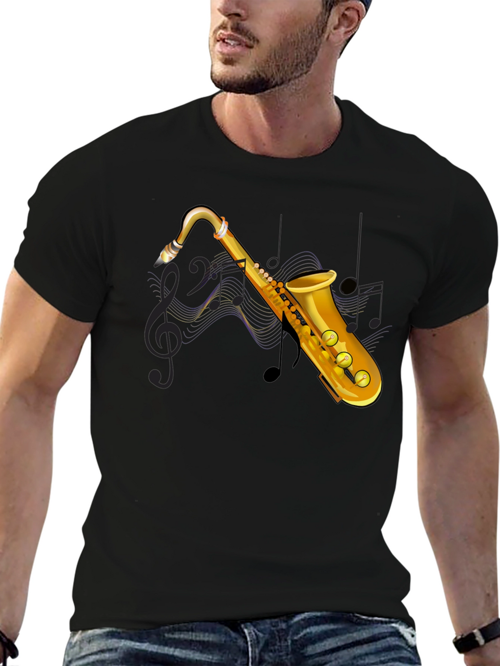 Saxophone Graphic Print Black T-Shirt