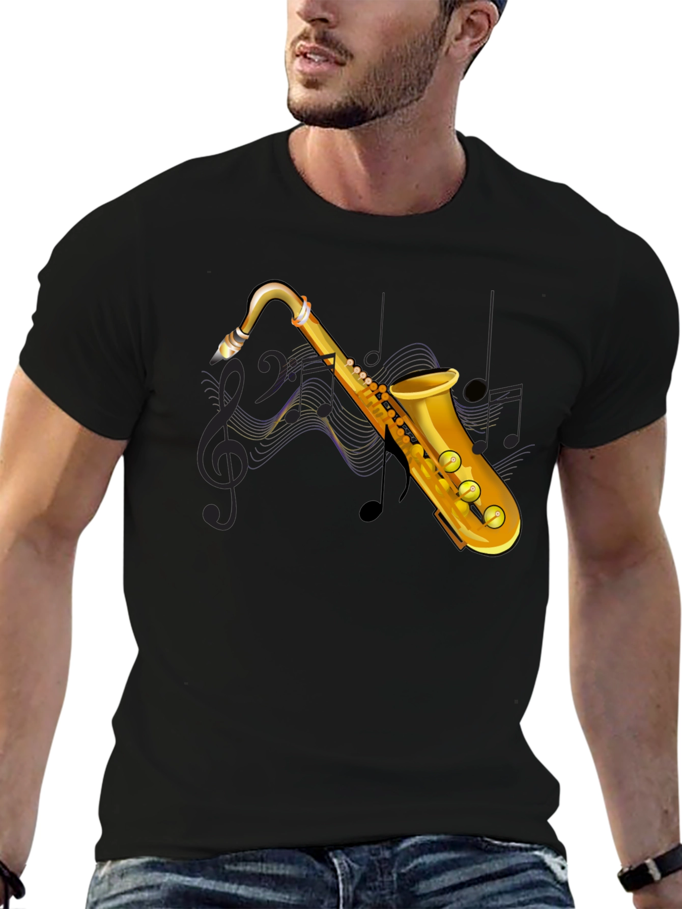 Saxophone Graphic Print Black T-Shirt