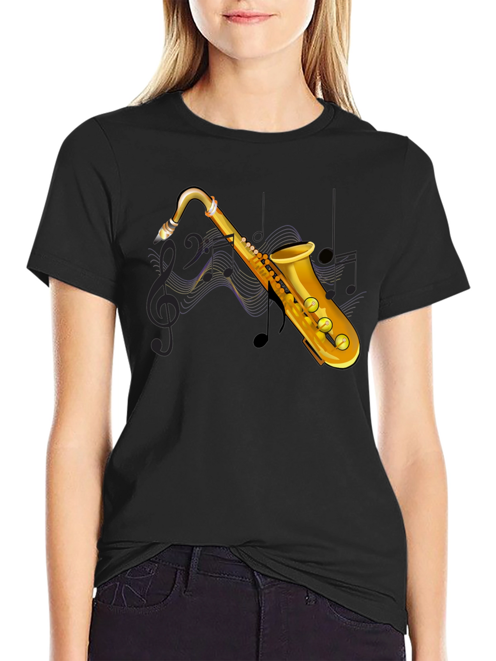 Saxophone Graphic Print Black T-Shirt