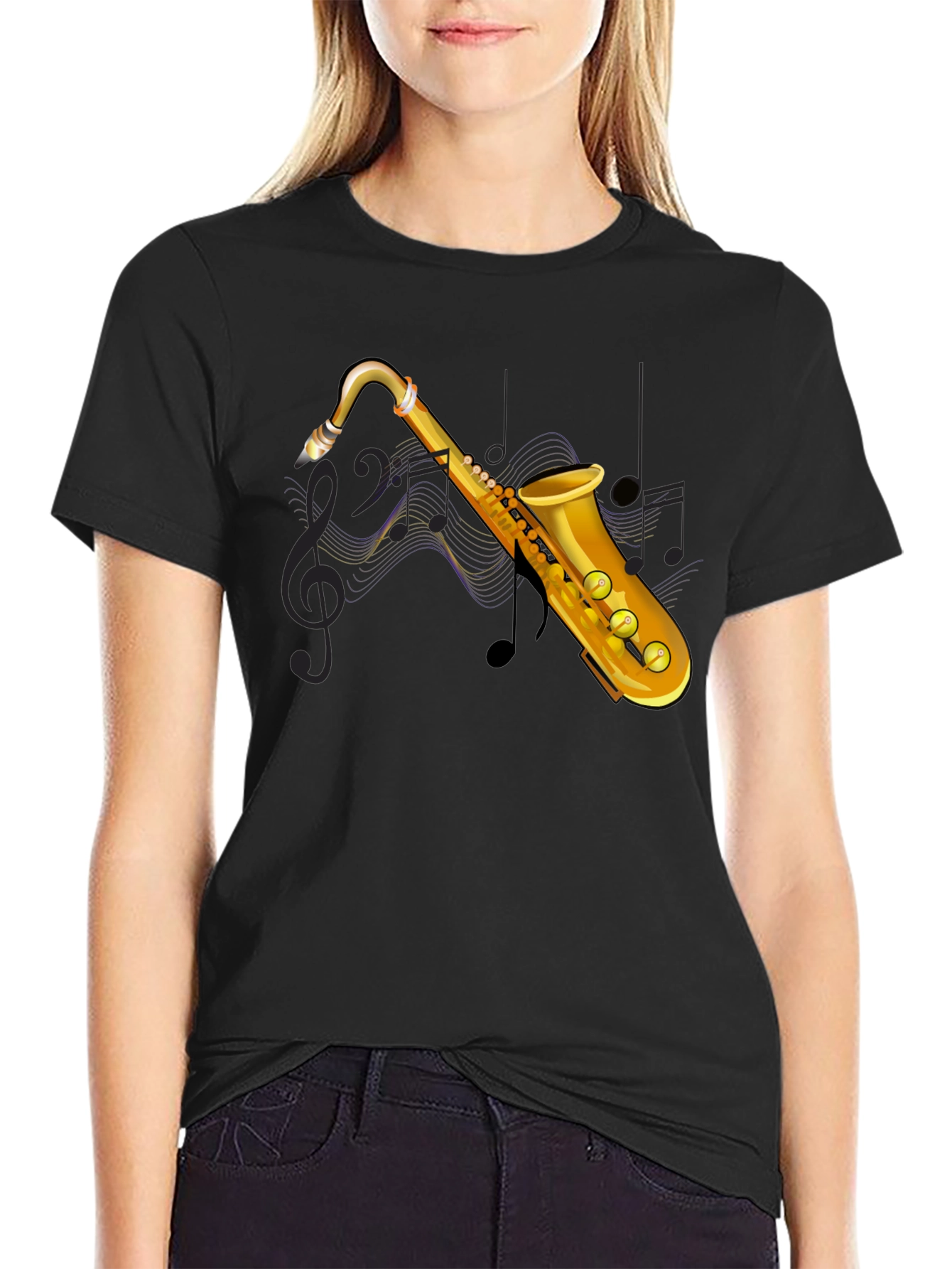 Saxophone Graphic Print Black T-Shirt