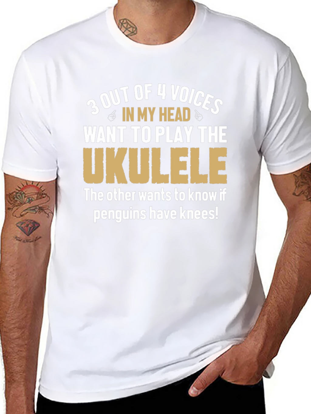 Ukulele Humor T-Shirt: Penguins Have Knees?