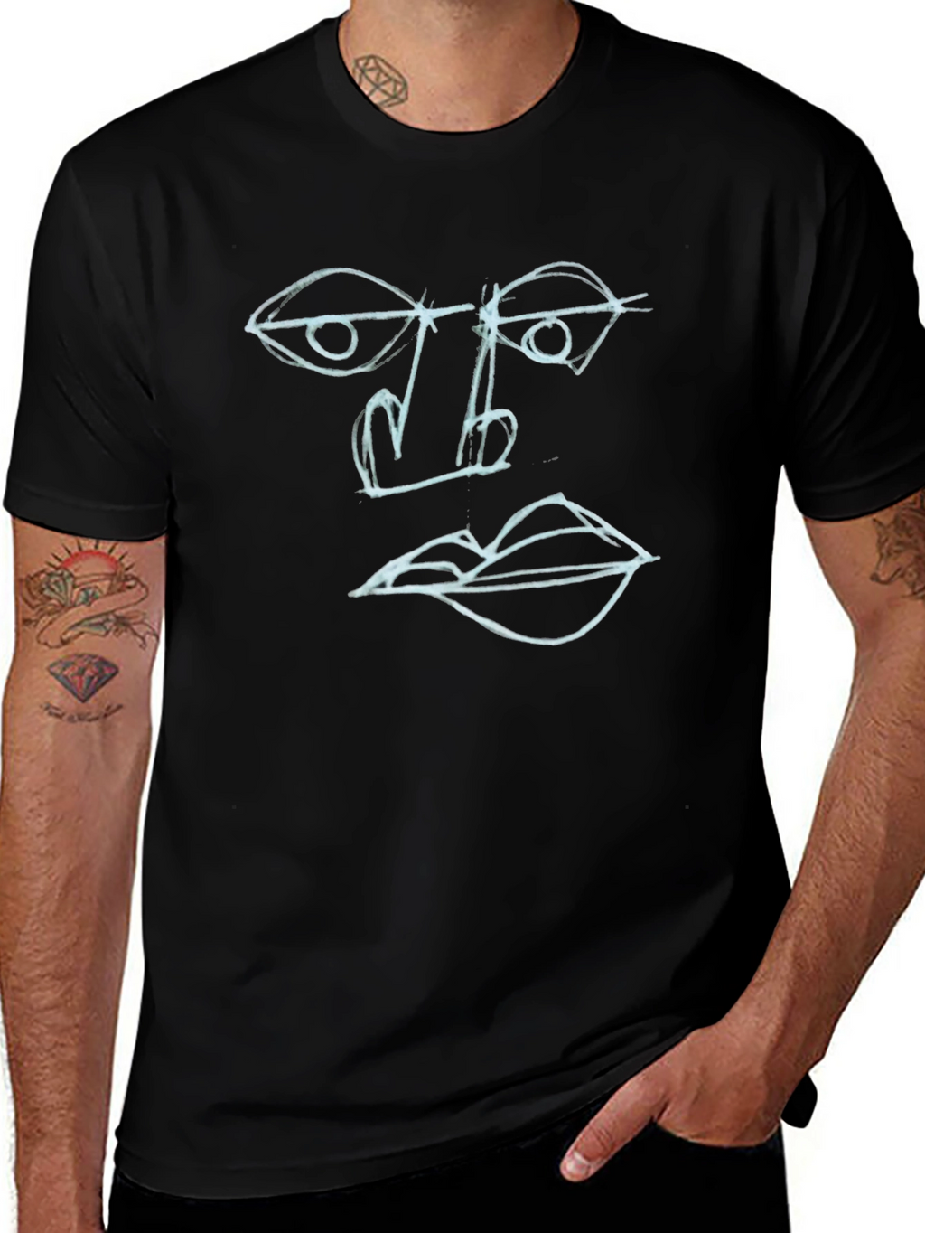 Abstract Face Art Tee - Black Cotton Graphic T-Shirt
