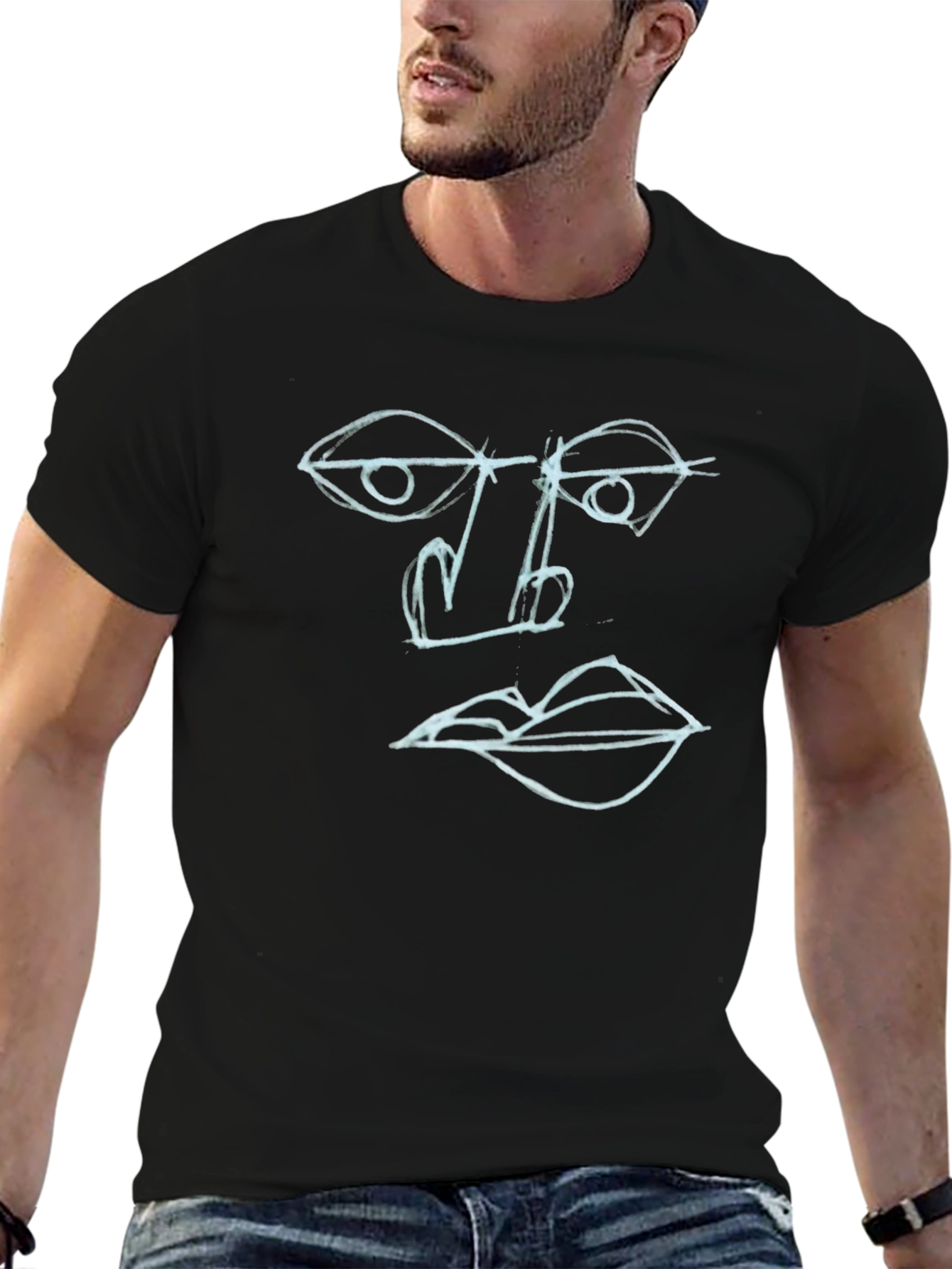 Abstract Face Art Tee - Black Cotton Graphic T-Shirt