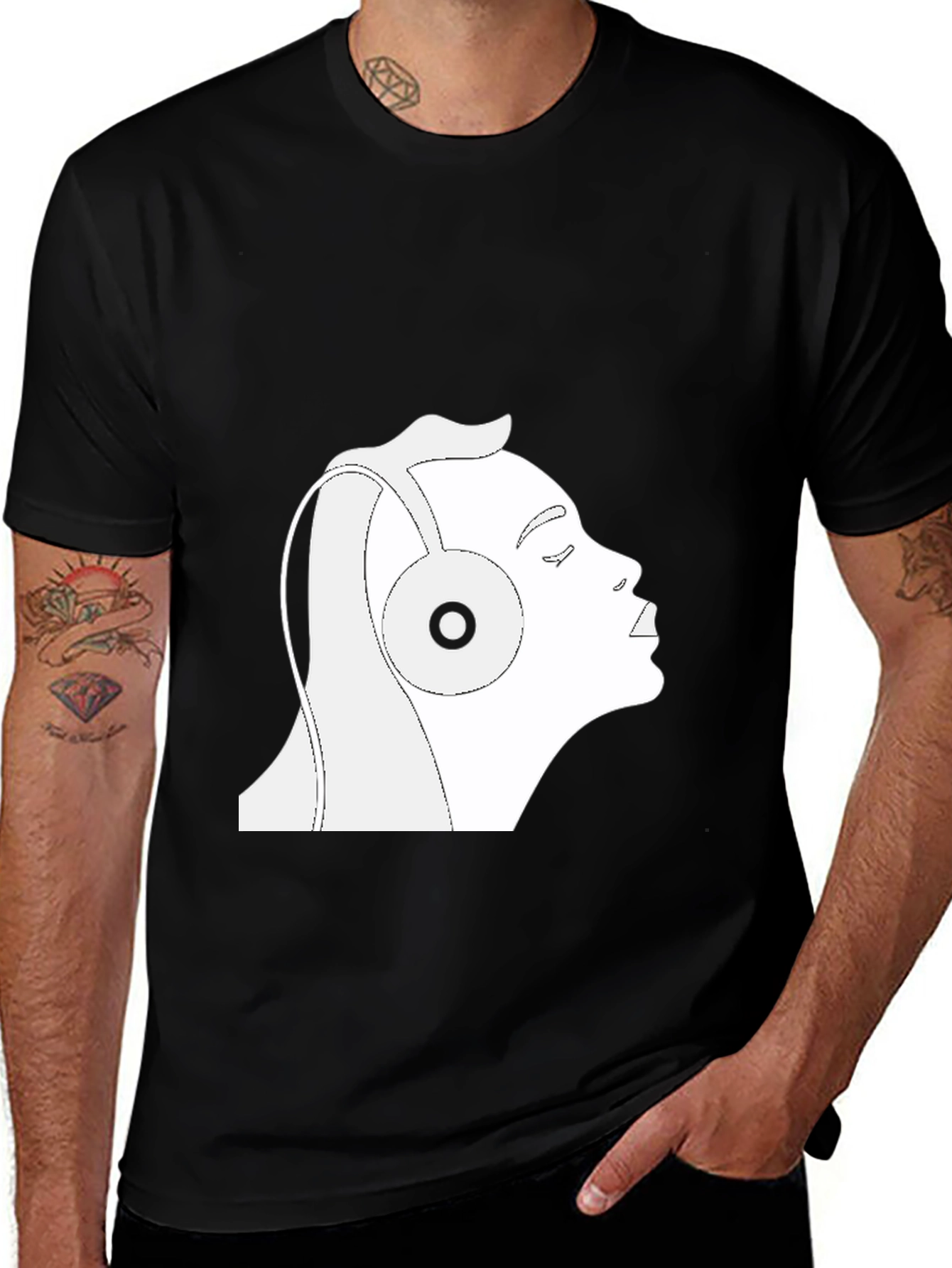 Black T-Shirt with Headphones Graphic