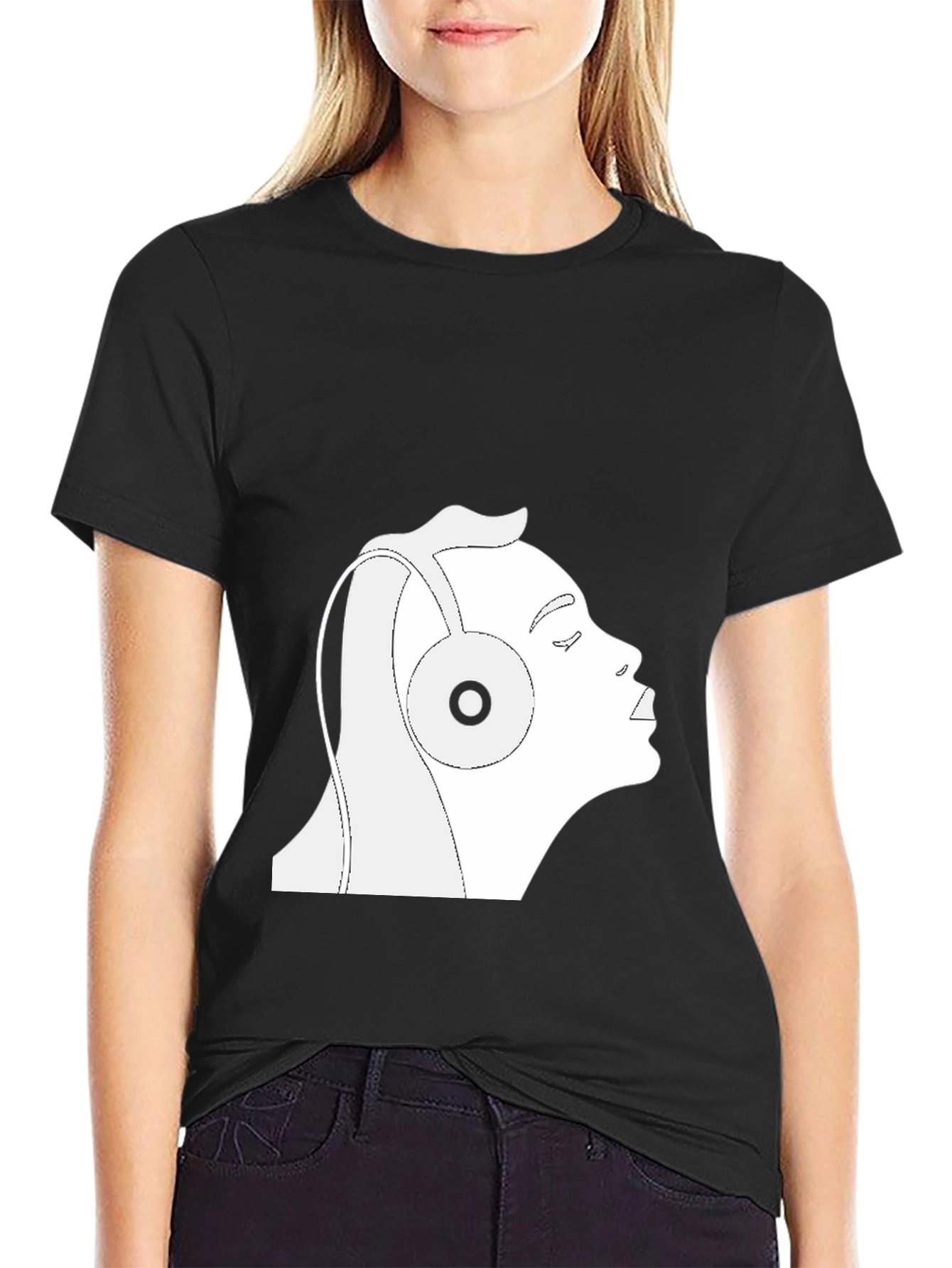 Black T-Shirt with Headphones Graphic
