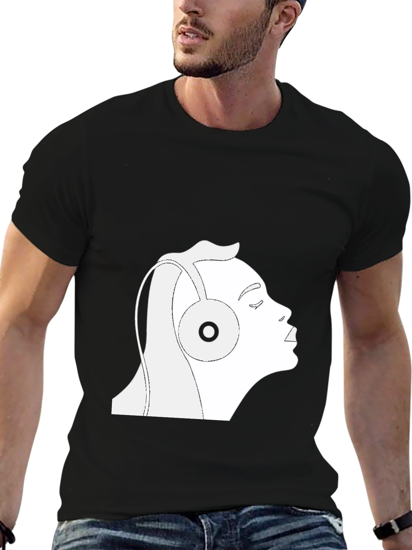 Black T-Shirt with Headphones Graphic