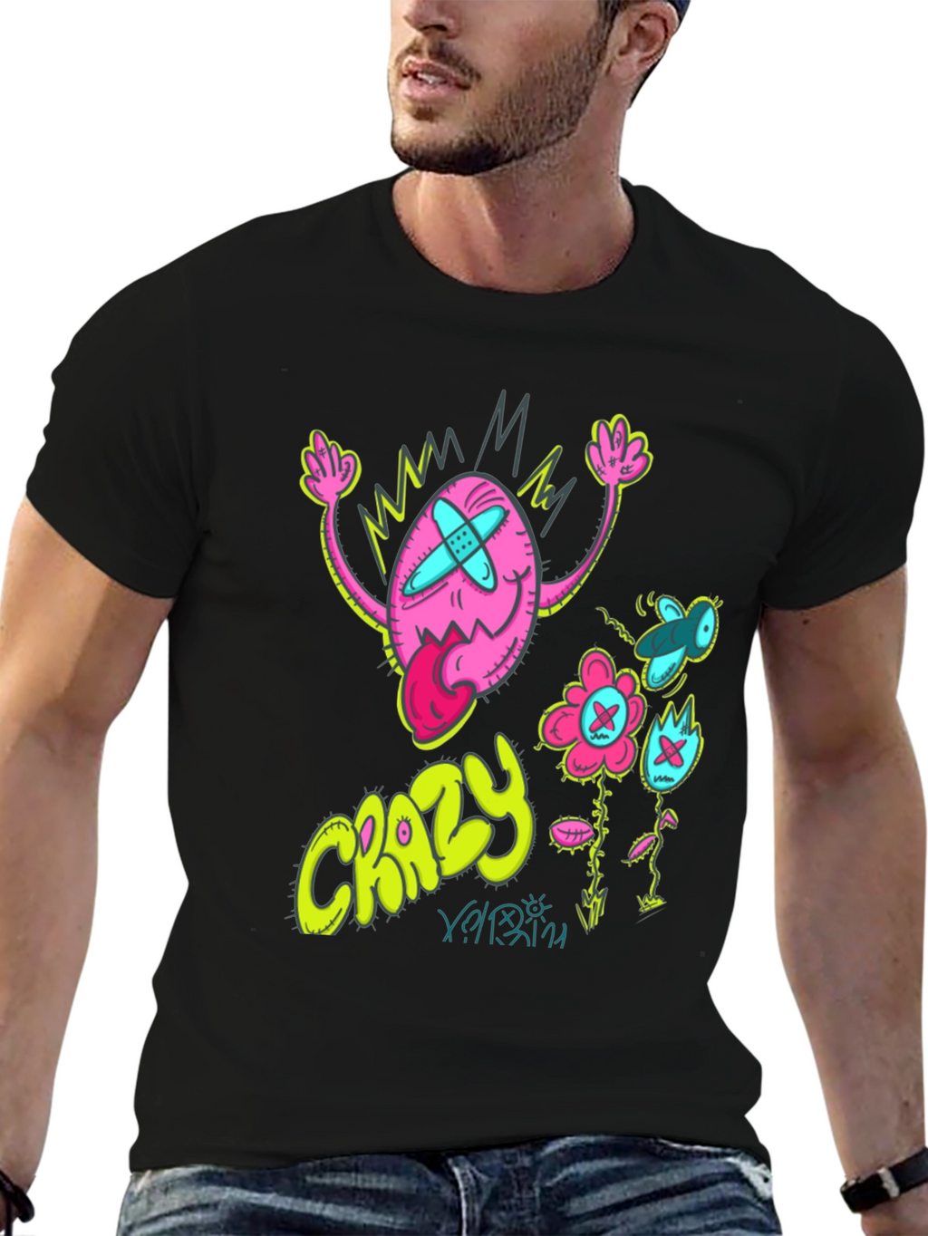Crazy Cartoon Graphic Tee - Black Cotton Blend