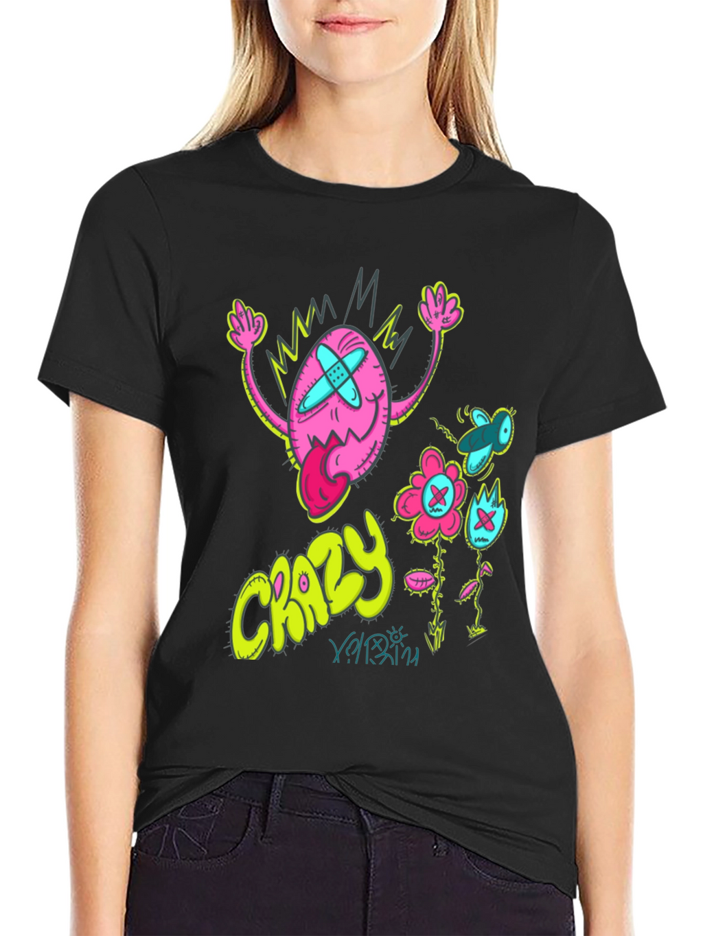 Crazy Cartoon Graphic Tee - Black Cotton Blend