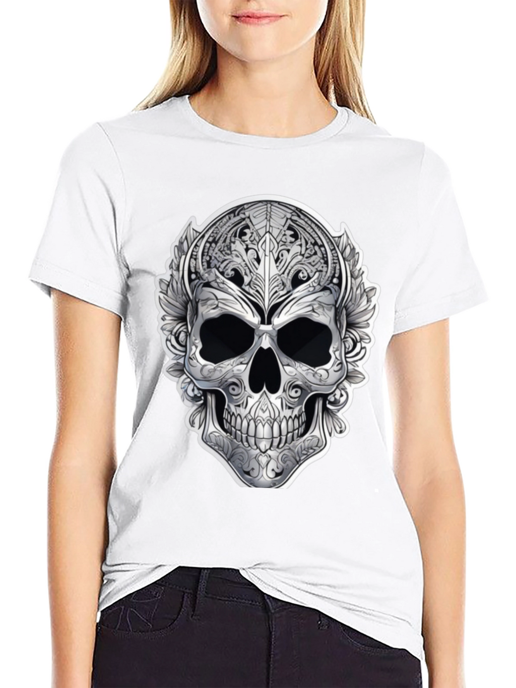 Ornate Skull Graphic Print T-Shirt - Black