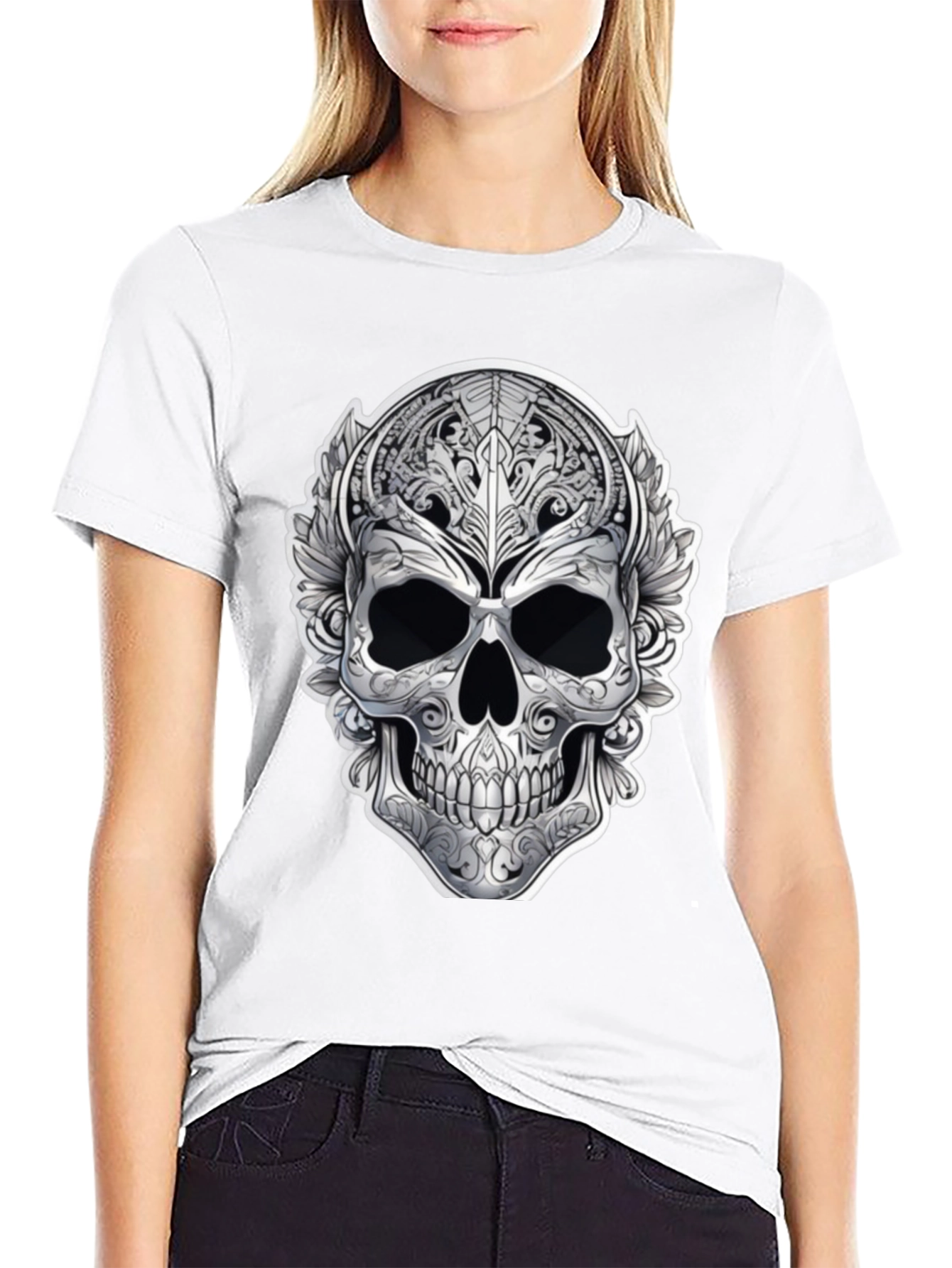 Ornate Skull Graphic Print T-Shirt - Black