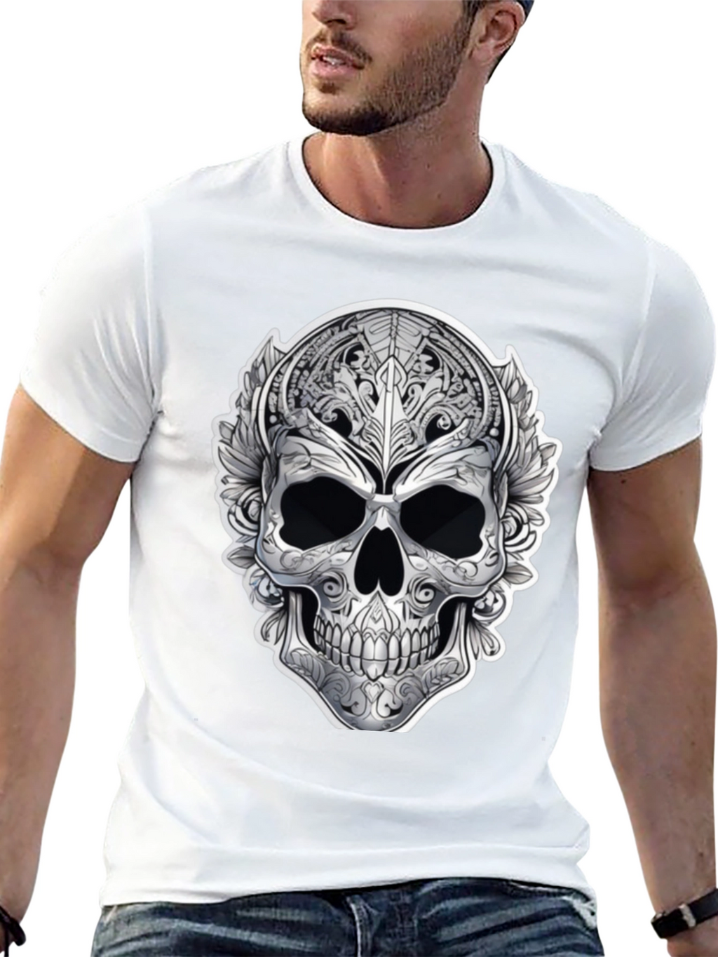 Ornate Skull Graphic Print T-Shirt - Black