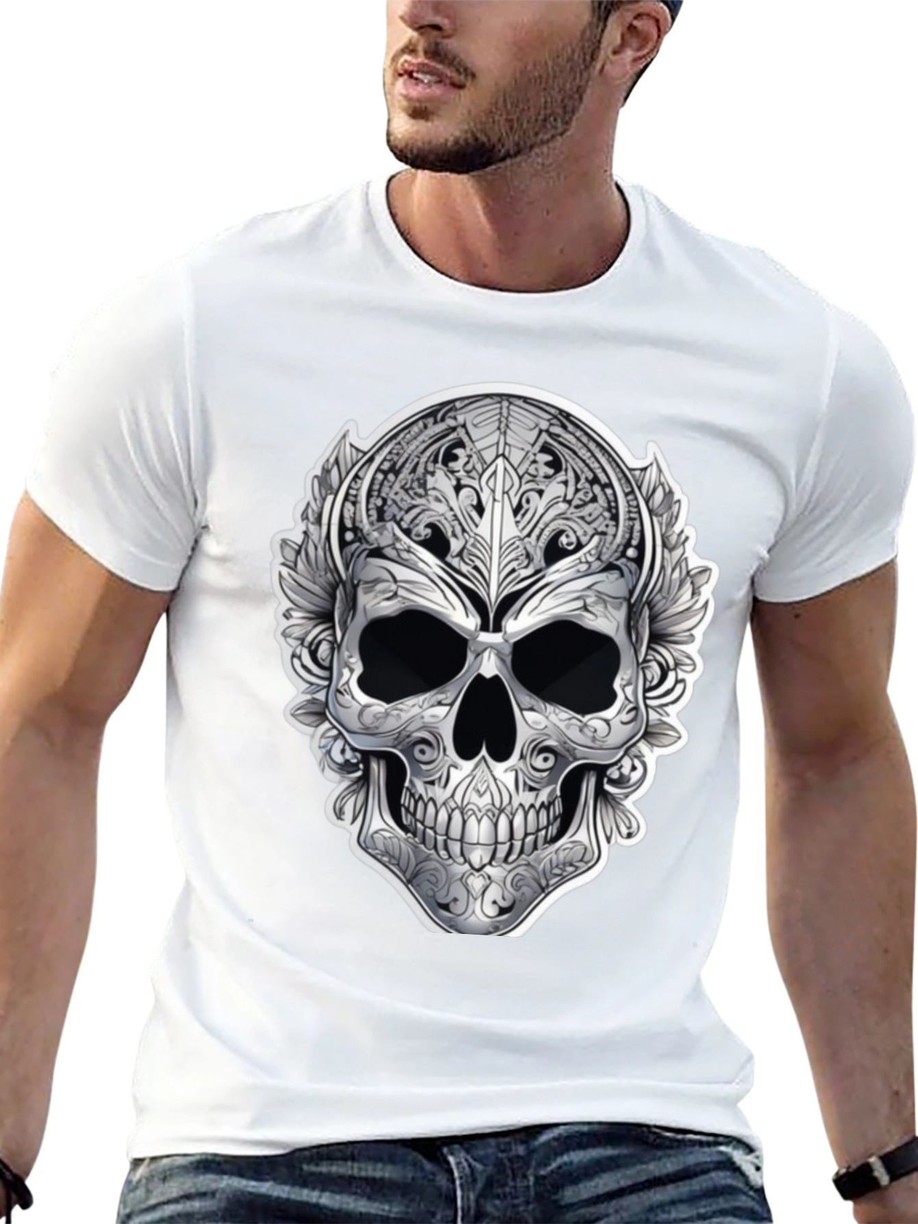 Ornate Skull Graphic Print T-Shirt - Black