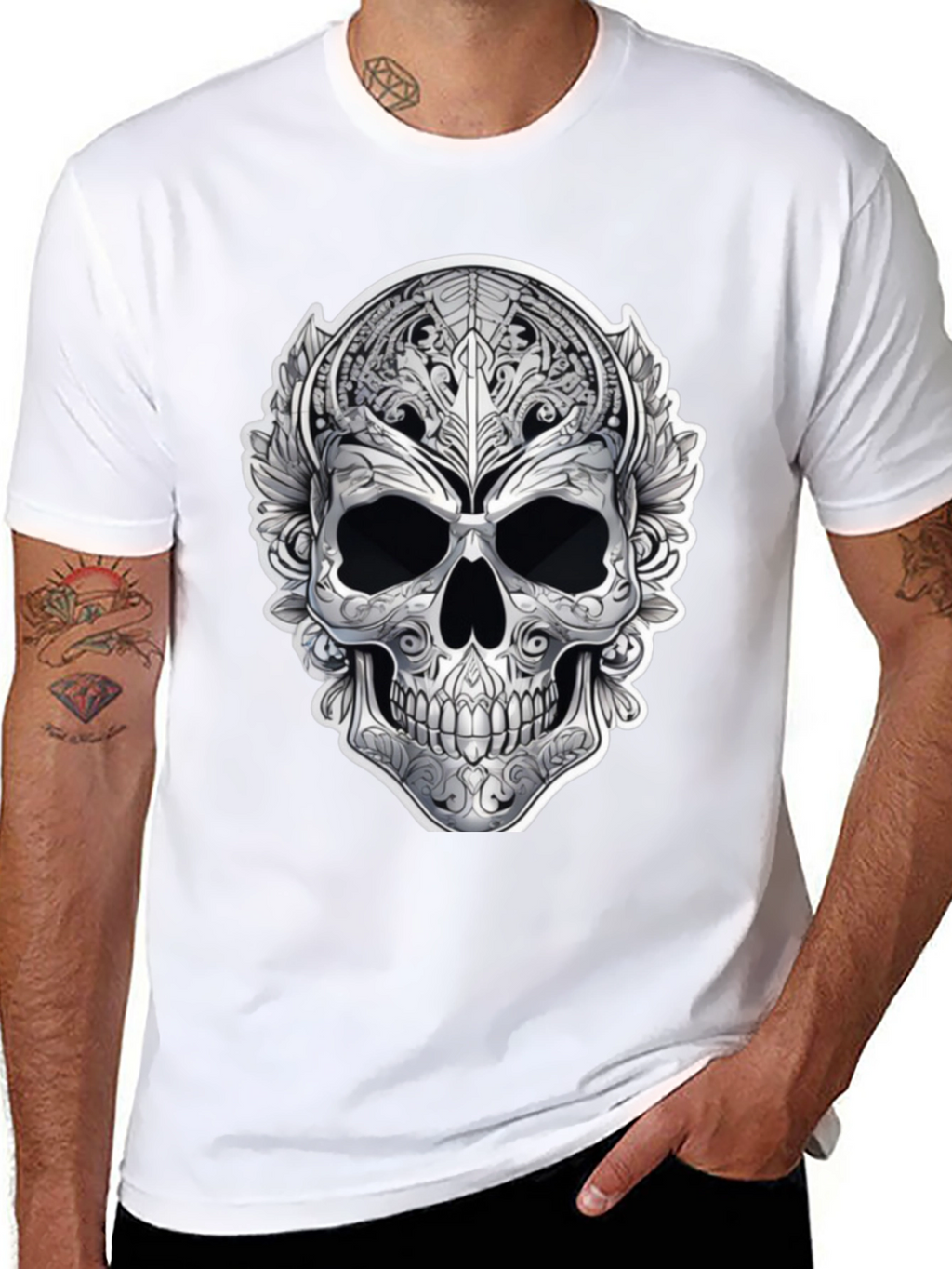 Ornate Skull Graphic Print T-Shirt - Black