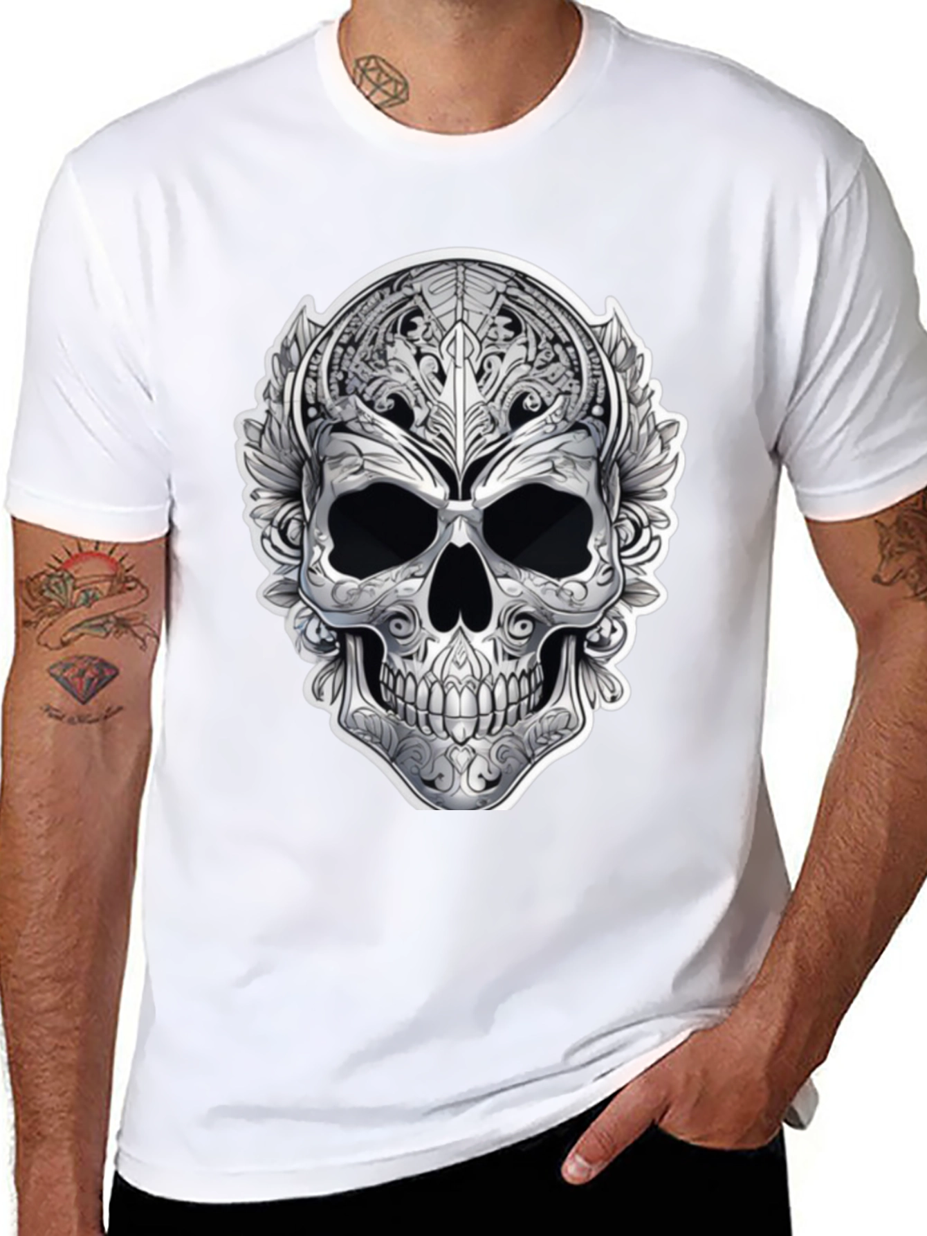 Ornate Skull Graphic Print T-Shirt - Black
