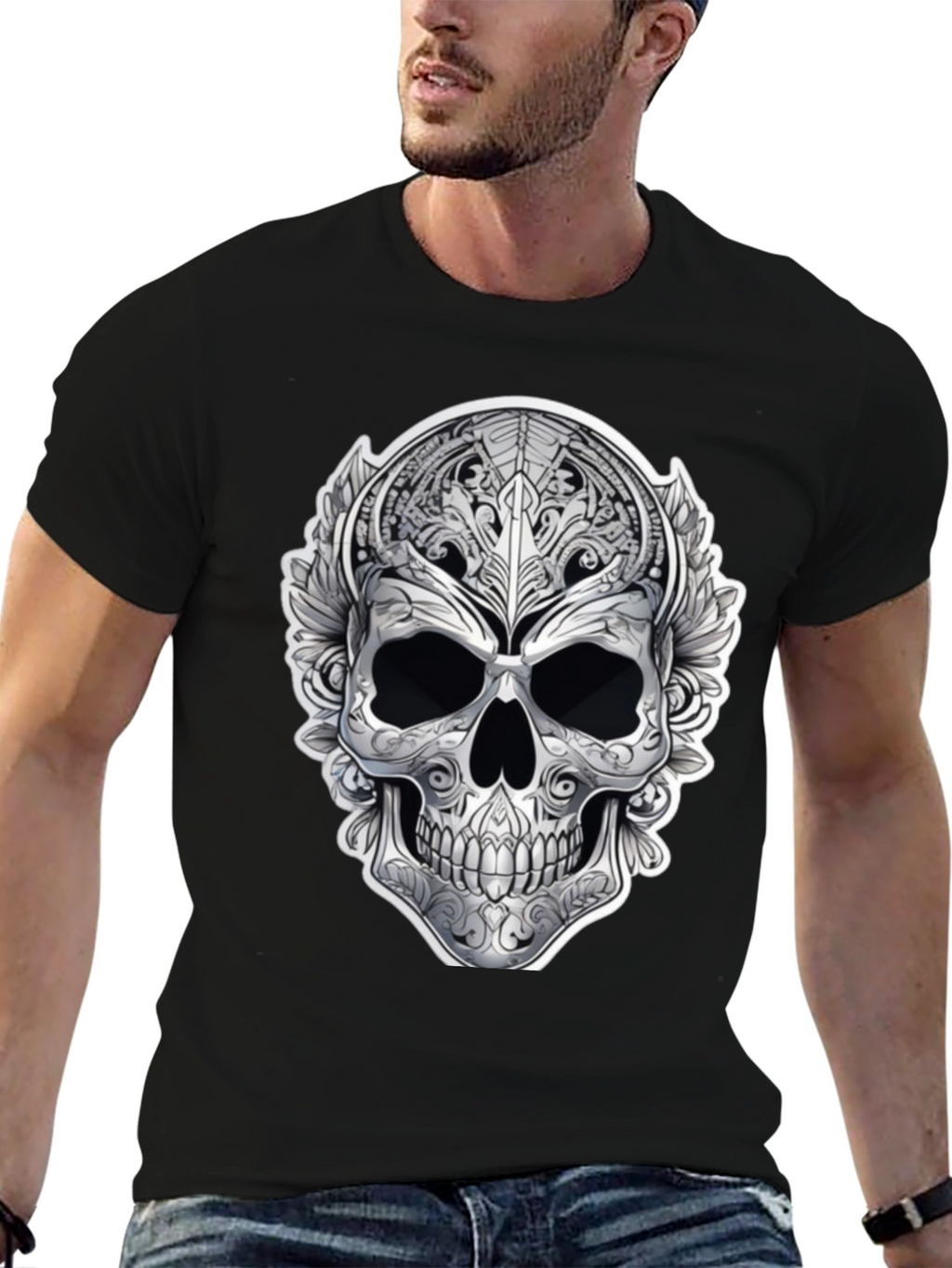 Ornate Skull Graphic Print T-Shirt - Black