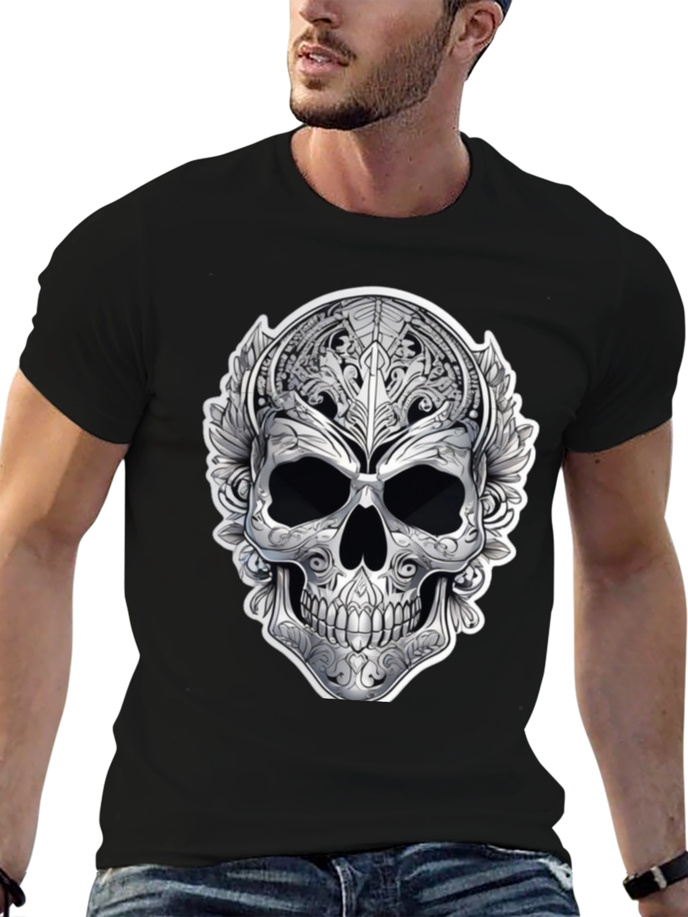 Ornate Skull Graphic Print T-Shirt - Black