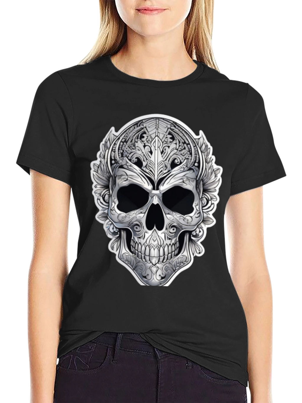 Ornate Skull Graphic Print T-Shirt - Black