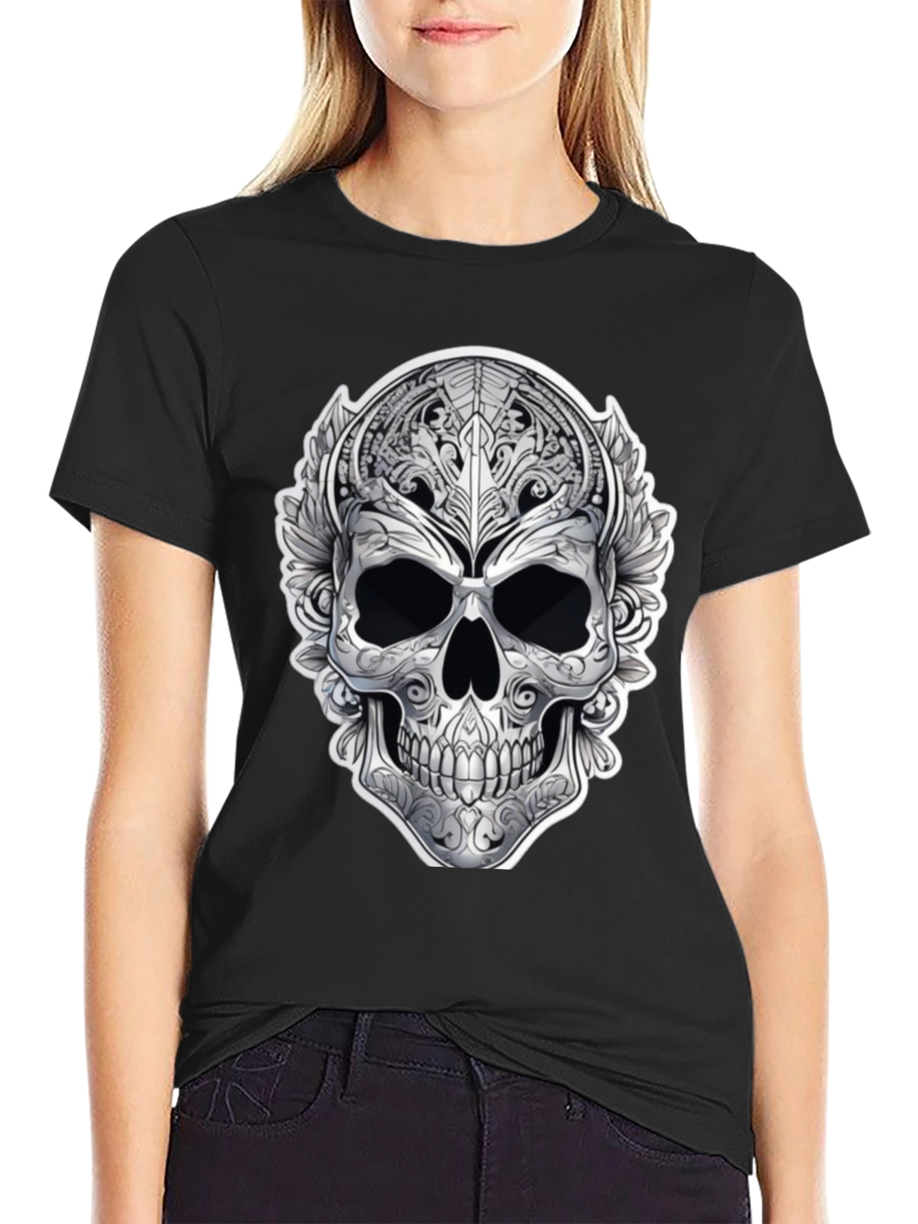 Ornate Skull Graphic Print T-Shirt - Black