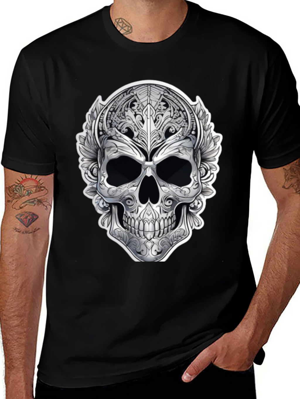 Ornate Skull Graphic Print T-Shirt - Black