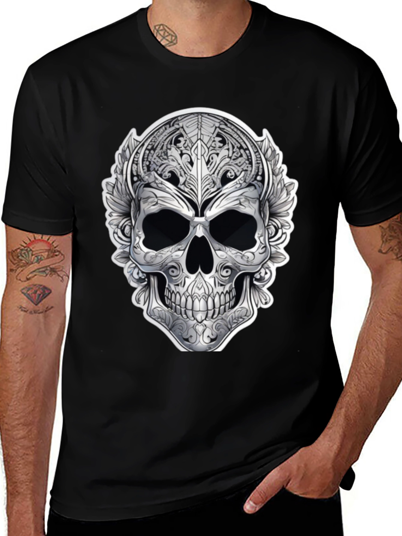 Ornate Skull Graphic Print T-Shirt - Black