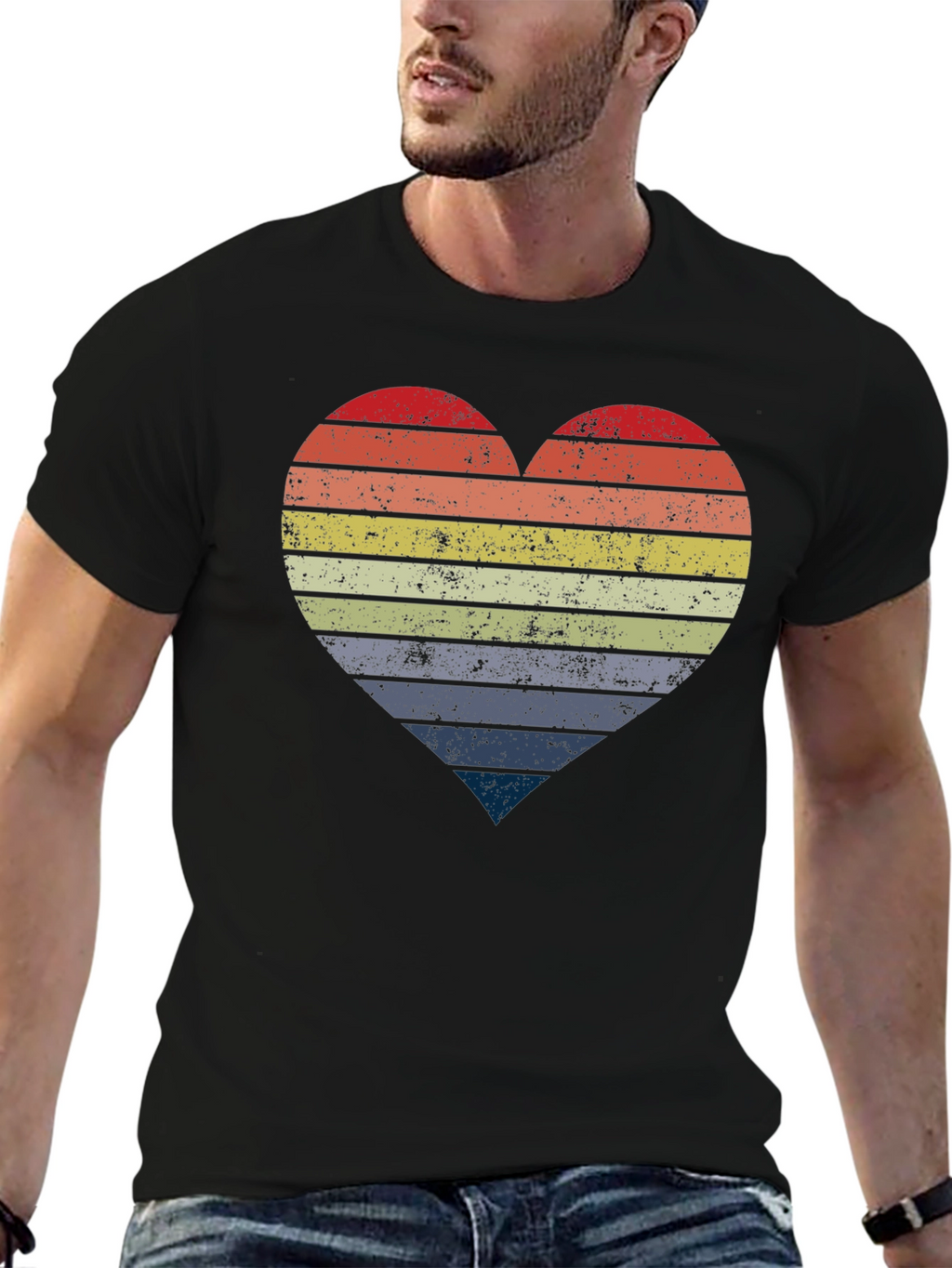Retro Striped Heart Graphic Tee - Black