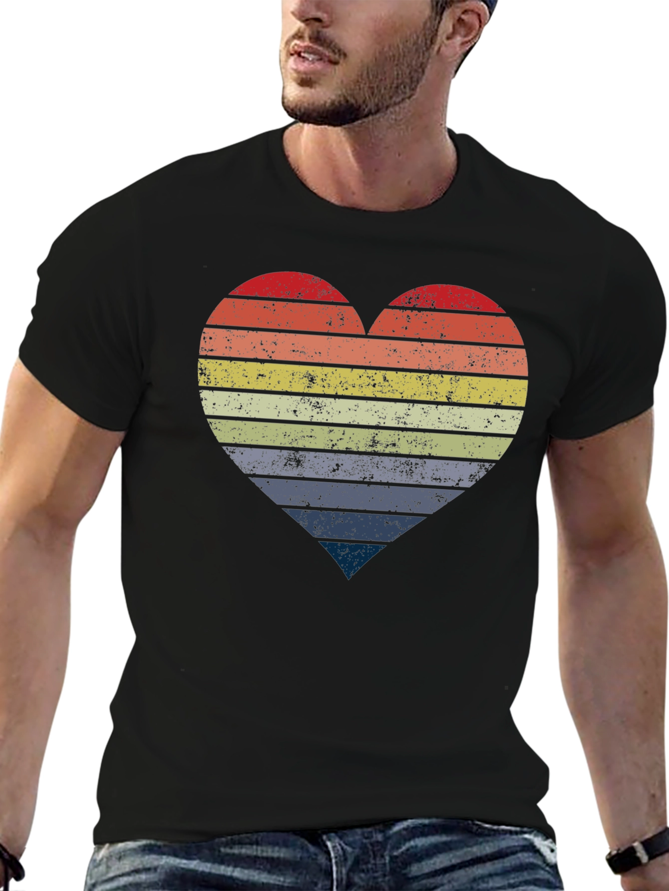 Retro Striped Heart Graphic Tee - Black