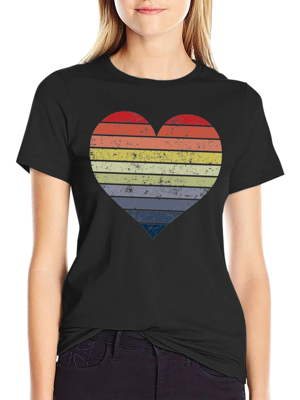 Retro Striped Heart Graphic Tee - Black